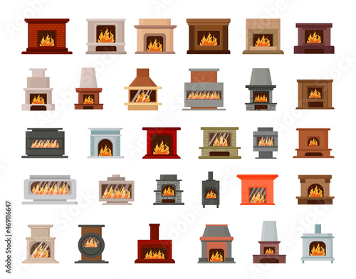 Collection of home fireplaces with fire.