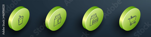 Set Isometric Coffee cup to go, Online ordering and delivery, burger and Shopping cart food icon. Vector