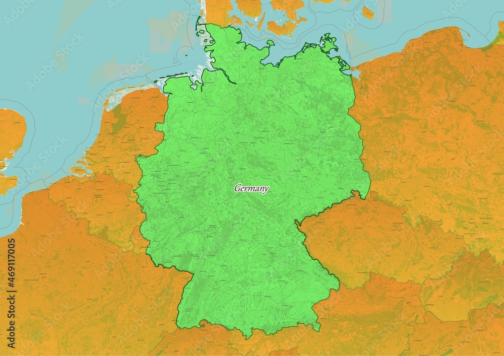 Germany  map showing country highlighted in green color with rest of European countries in brown