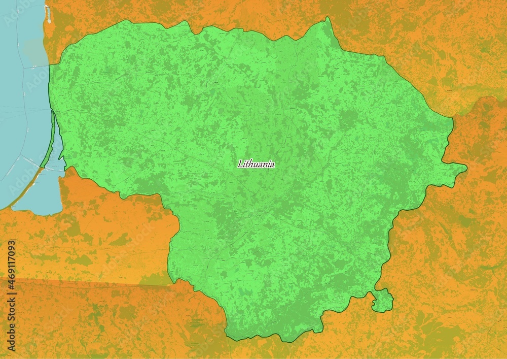Lithuania map showing country highlighted in green color with rest of European countries in brown