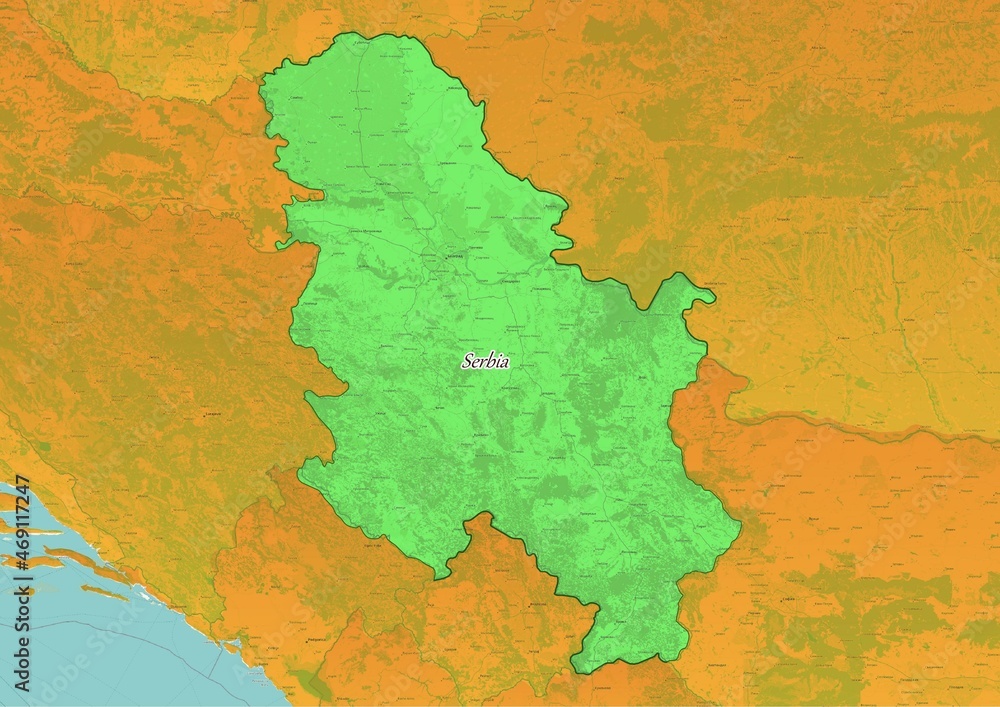 Serbia map showing country highlighted in green color with rest of European countries in brown