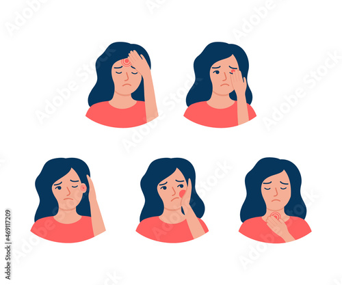 Different types of pain of woman, inflammation in body. Diseases headache, eye pain, ear pain, toothache, sore throat. Check health. Vector illustration