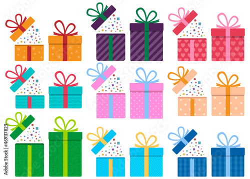 Set of gift boxes. Surprise in the box. Vector illustration.