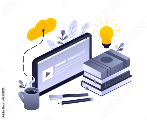 Vector concept for online education. Flat 3d isometric design. Online training courses, retraining, specialization, tutorials. Can be used for web design, banners, promotional materials etc.
