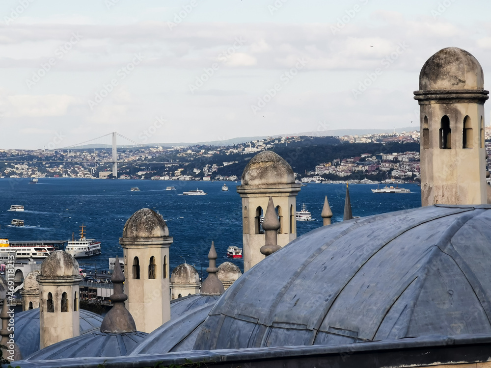View of the Bosphorus and Istanbul towers and minarets in the foreground