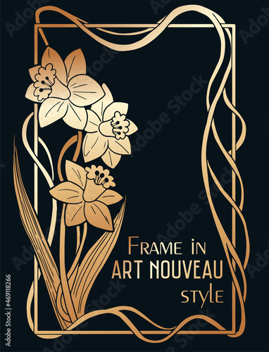 frame in art nouveau style with daffodils on dark colours with gold lines