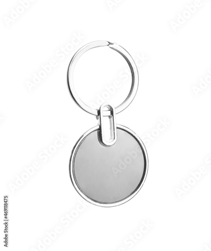 Stylish round keychain on white background