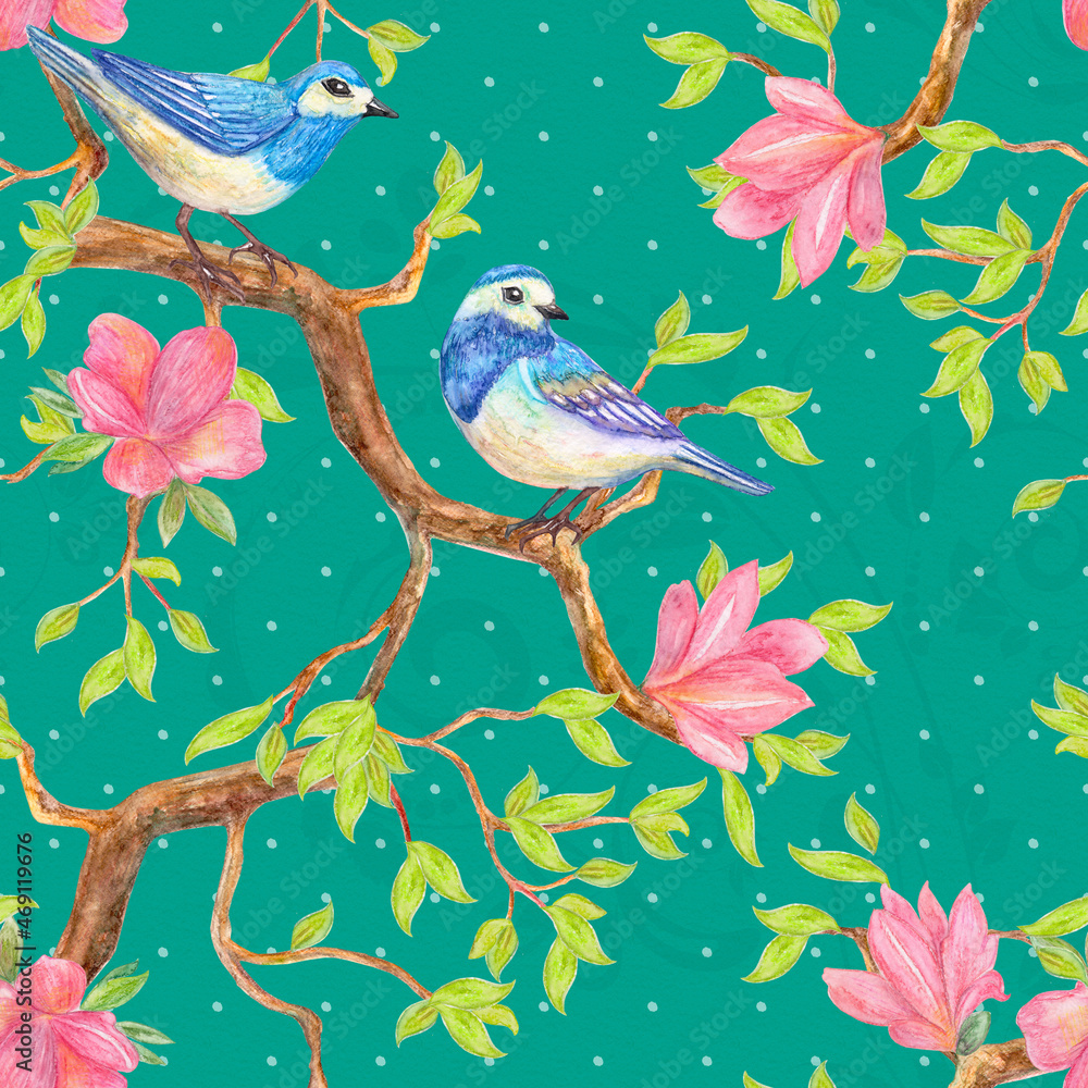 vintage seamless texture with a couple of blue birds sitting on branch of flowering tree. watercolor painting