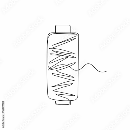 Vector continuous one single line drawing icon of spool of sewing thread in silhouette on a white background. Linear stylized.
