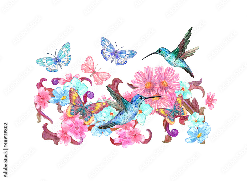 isolated border floral design with flowers, butterflies and couple of hummingbirds. watercolor painting