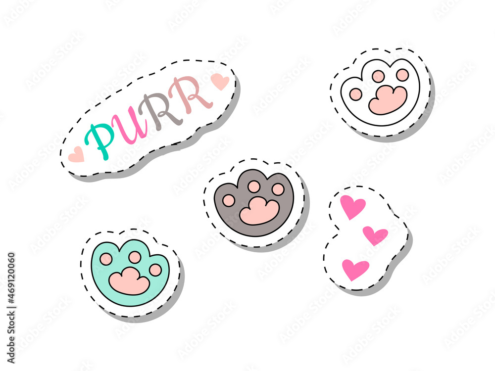 Set of purr stickers. Collection of various animal paws. Footprints, bag badges. Buttons for pet shops, website design, marketing. Cartoon flat vector illustrations isolated on white background