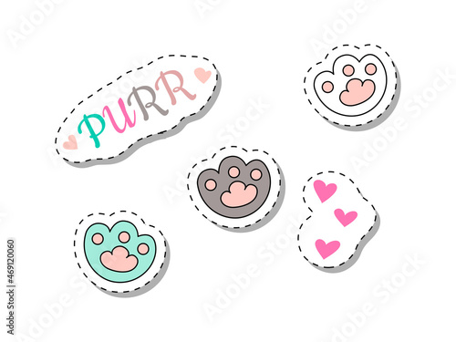 Set of purr stickers. Collection of various animal paws. Footprints, bag badges. Buttons for pet shops, website design, marketing. Cartoon flat vector illustrations isolated on white background