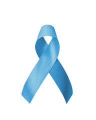 Blue awareness ribbon for prostate cancer, men health and diabetes in November with light blue bow color on isolated with clippinth path on white background, male patient healthcare concept