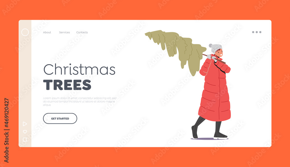 Happy Girl in Winter Clothes Carry Fir Tree Landing Page Template. Christmas Holidays Preparation, New Year and Xmas Eve