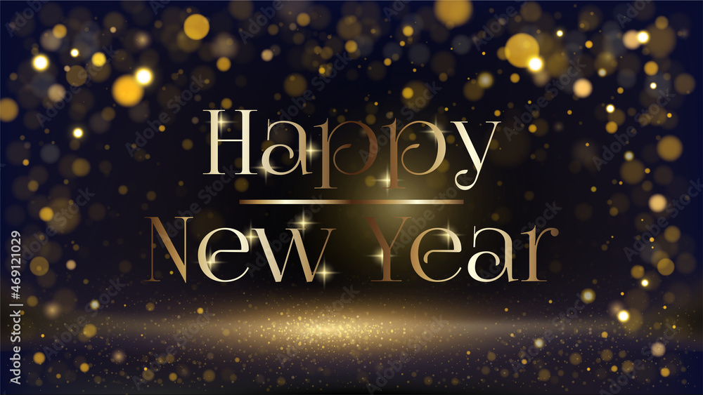 card or banner on a happy new year in gold on a gradient black background with gold colored circles in bokeh effect