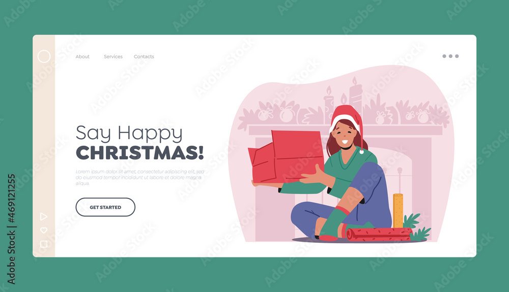 Fototapeta premium Happy Girl Prepare Presents for Family Landing Page Template. Female Characters in Santa Hat Wrapping Boxes with Paper