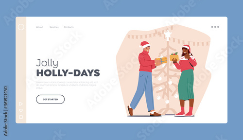 New Year, Eve Xmas Celebration Landing Page Template. Happy Man and Woman Characters Presenting Gifts to Each Other