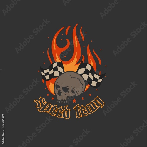 Skull head with Fire flames design vector illustration. Illustration of skull with race flag hand drawn design concept.