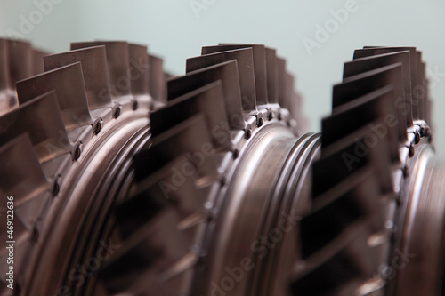 Turbine blades of an aircraft engine. Close up. Selective focus.