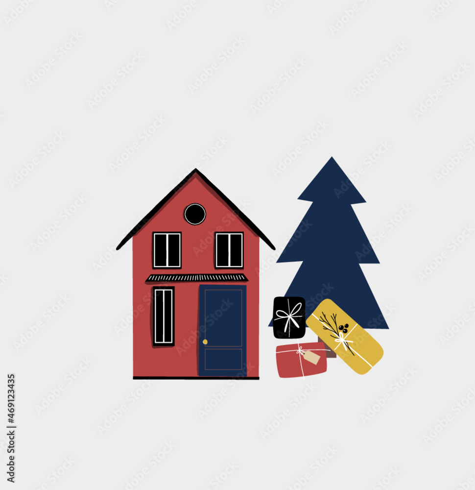 Winter and christmas house on white. Vector illustration of cozy home with christmas tree and gifts 