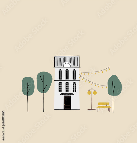 old building on cream background. Vector illustration of cozy cafe with simple trees and christmas lights, bench 