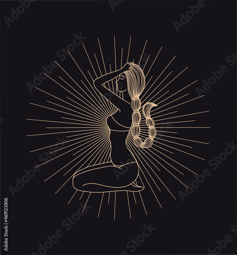 Mystical woman, female illustration, beautiful esoteric female silhouettes. Flat vector design. Print for clothes. Ritual ceremony. Linear magic drawing. Against a dark background. Scorpio zodiac.