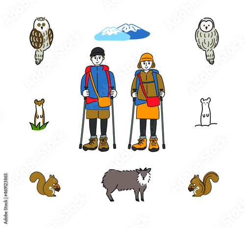 登山　トレッキング　セット　山の動物セット
イラスト