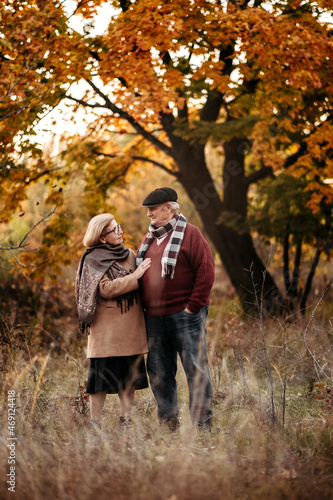 Elderly man lovingly looks at his elegant pensioner, hugs and enjoys her beauty, senior married couple dancing in autumn park, celebrating anniversary, affection © sushytska
