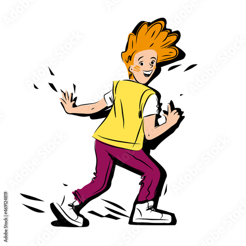 European boy. Hand drawn vector illustration of character of teenager. British young student boy with red hair.