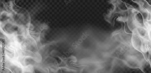 Realistic transparent wavy hot steam or smoke effect. Evaporation, fog or haze. Spooky mist cloud. Food or drink vapour vector background