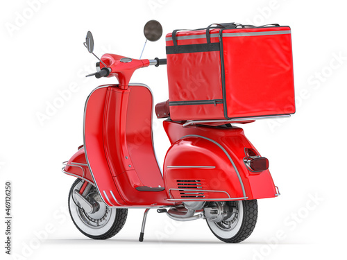 Scooter express delivery service. Red motor bike with delivery bag isolated on white.