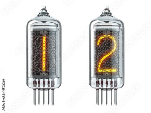 Nixie tube indicator isolated on white. Number 1 one and 2 two.