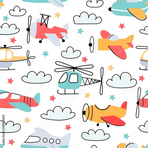 Seamless pattern for boy with cartoon kids airplane and helicopter. Nursery wallpaper with fly planes and clouds. Air transport vector print