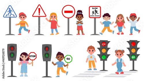 Children with traffic light and caution sign, road safety rules. Cartoon school kid crossing street crosswalk. Pavement education vector set photo