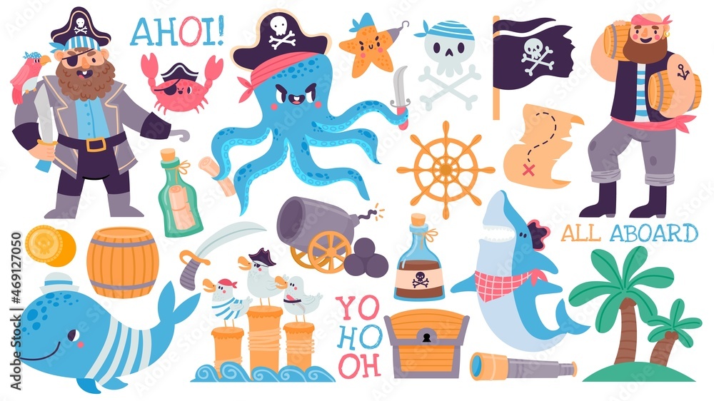 Fototapeta premium Cartoon pirate captain and sailor, skull, treasure chest and map. Adventure island, shark, octopus, flag and rum. Kids pirates vector set