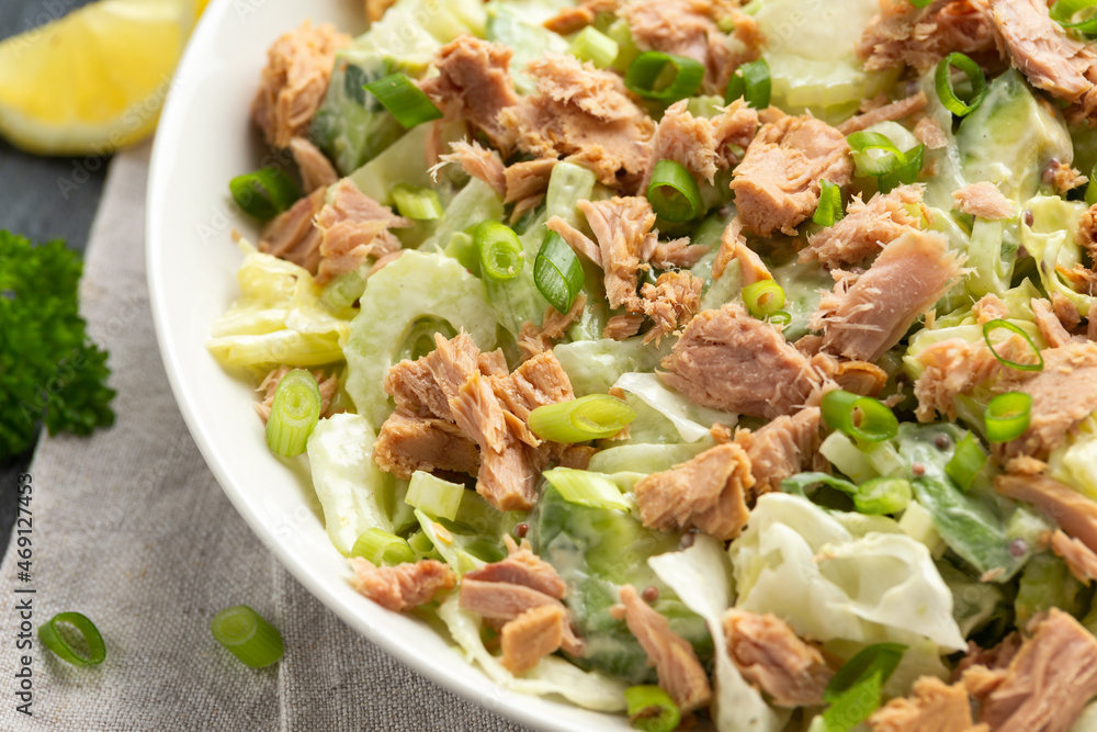 Tuna salad with avocado, celery, spring onion and iceberg lettuce. Tasty healthy food Tuna salad with avocado, celery, spring onion and iceberg lettuce. Tasty healthy food