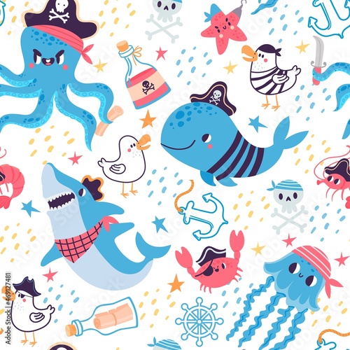 Funny cartoon seamless pattern for kids with pirate animals. Marine travel design with whale  shark  crab and octopus  sea vector wallpaper