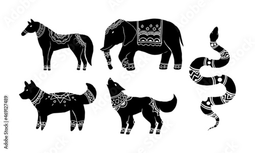 Fototapeta Naklejka Na Ścianę i Meble -  the abstract object in contemporary Scandinavian styles. silhouette ink vector illustrations of a wolf that has some ornament pattern on the back.
