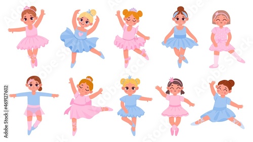 Cartoon ballerina princesses, cute girls dancers characters. Girl in tutu dress and crown. Ballet class students in dance poses vector set