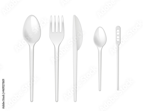White disposable fork, knife and spoon. Realistic plastic kitchen utensil, serving set