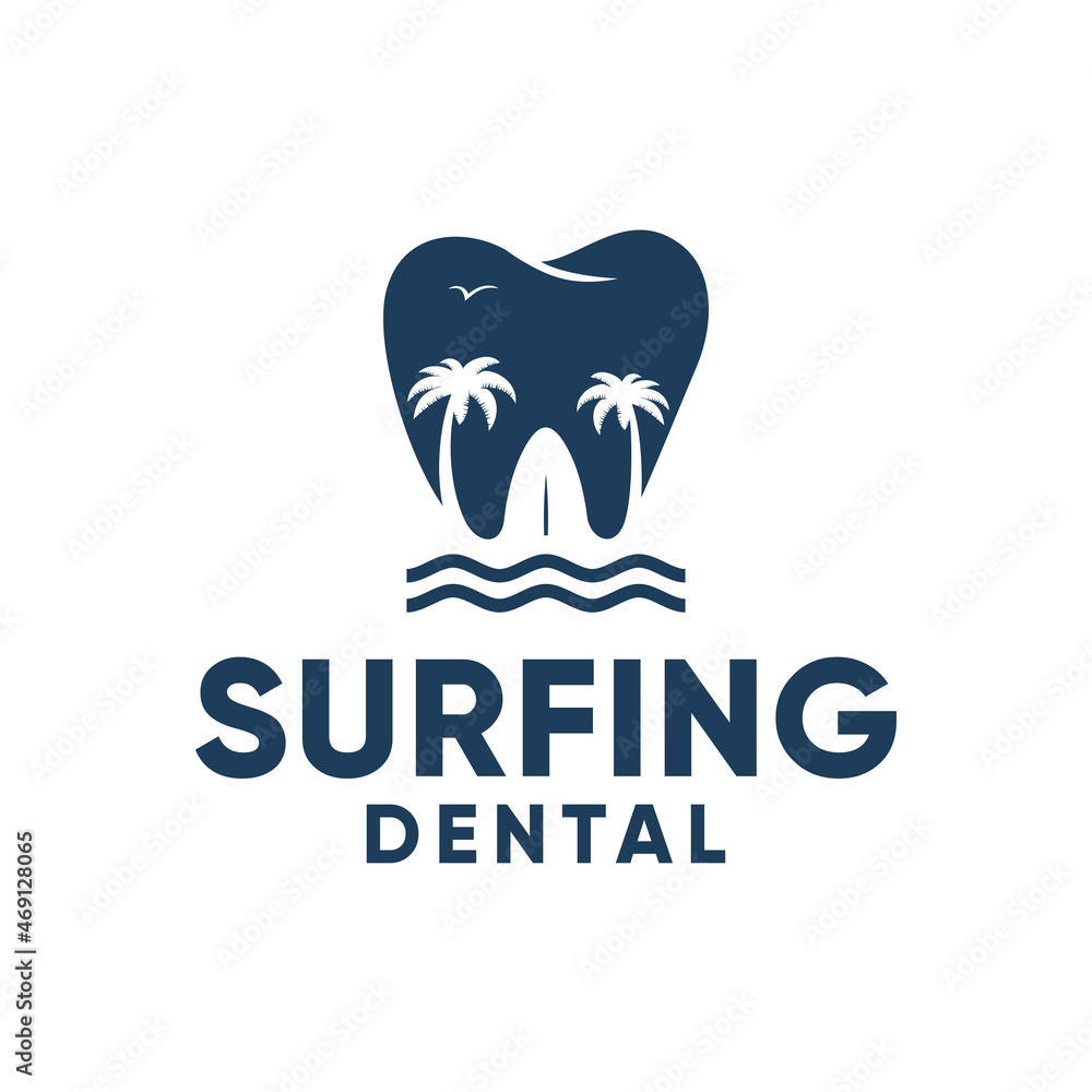 Dental tooth with surfing board, palm tree, beach logo inspiration Dental tooth with surfing board, palm tree, beach logo inspiration