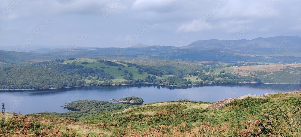 Looking over Coniston Water in the Lake District, a veiw from a top a complex trail, a perfect spot for lunch. 