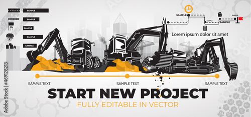 Excavator and various heavy construction equipment.