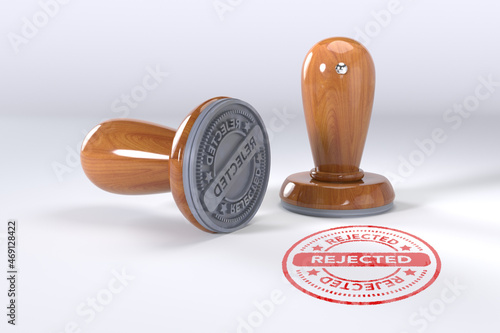 Rejected stamp. Wooden round stamper and stamp with text Certified on white background. 3d illustration. rubber stamp.
