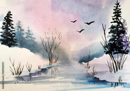 Watercolor winter forest, hand painted illustration