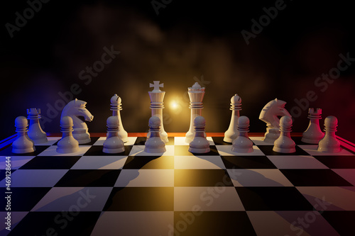 Chessboard game concept of business ideas and competition and strategy ideas concept. Chess figures on a dark background with smoke and fog. 3d rendering