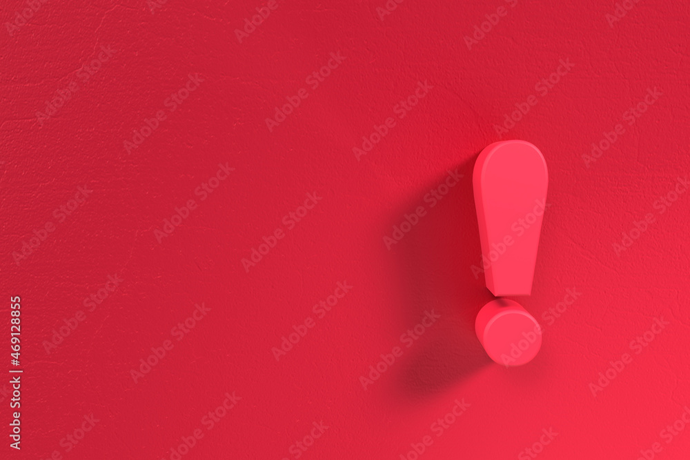 Exclamation mark on the plane 3d wall in red with space to add content Exclamation mark on the plane 3d wall in red with space to add content