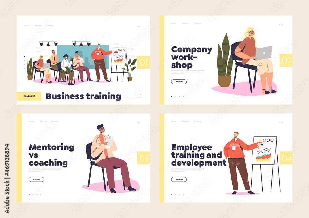 Business training, coaching and mentoring landing pages set with people and business trainers