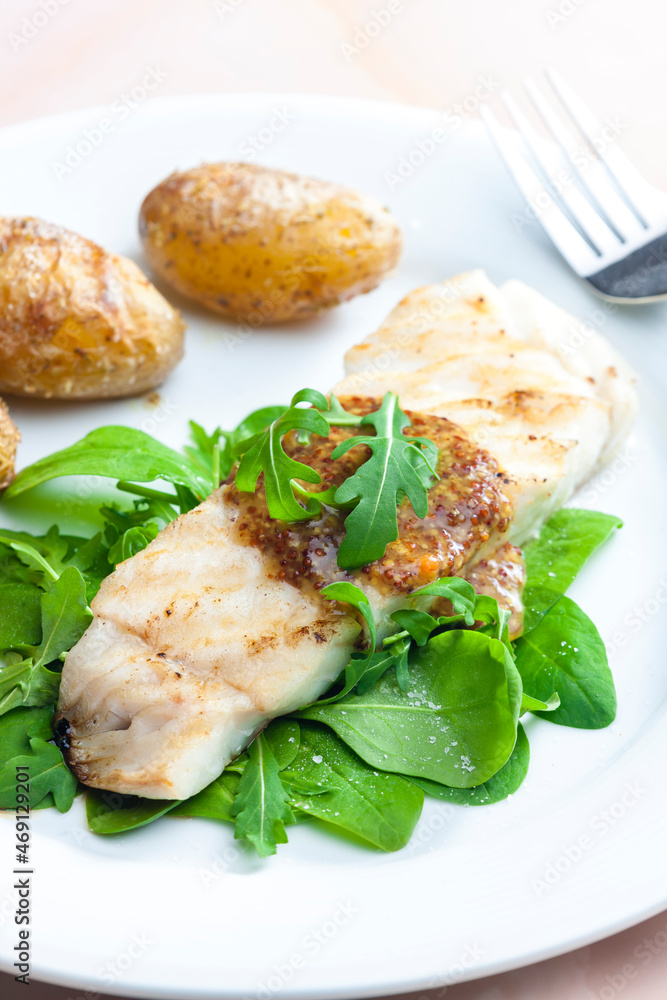 grilled carp with mustard sauce and grilled potatoes grilled carp with mustard sauce and grilled potatoes