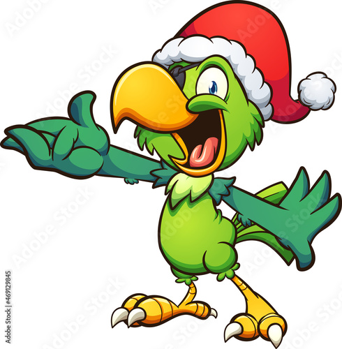 Christmas green parrot with eye patch and Santa hat. Vector clip art illustration with simple gradients. All on a single layer.
